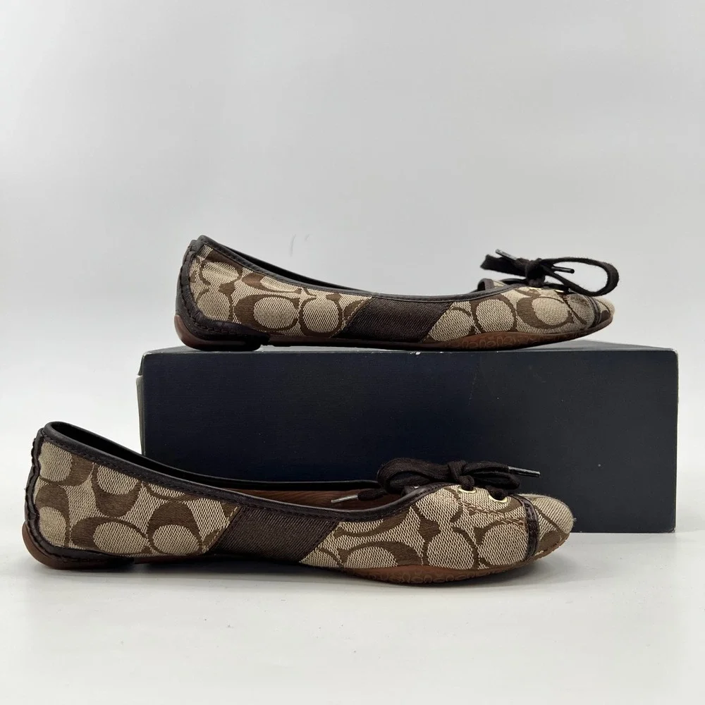 Y2K Coach Vintage Ballet Flats 7.5 Brown Monogram Lace Front Canvas Leather